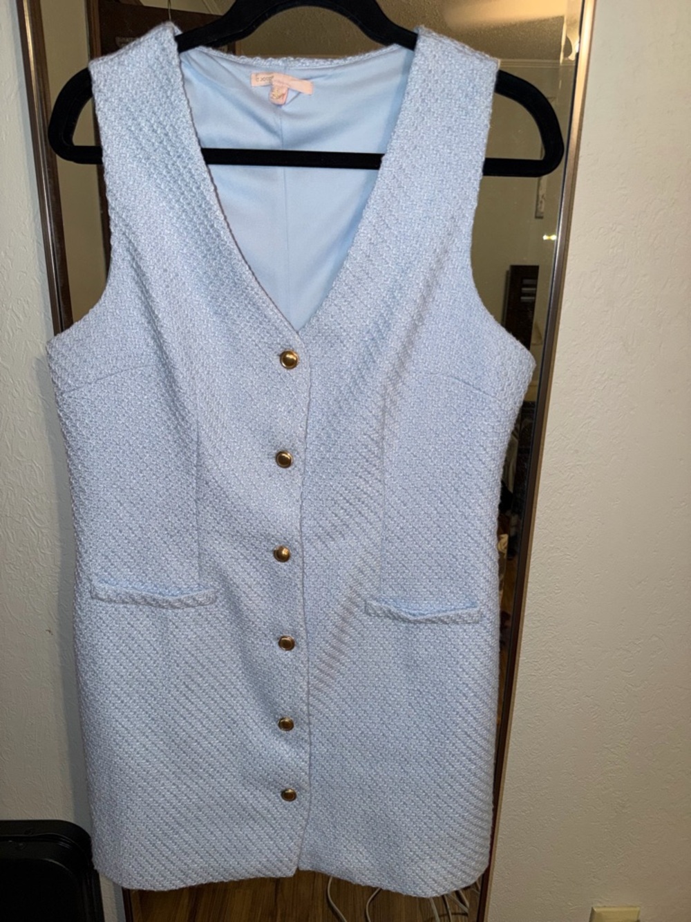 Tweed Light Blue Sleeveless Button-Front Sheath Dress
